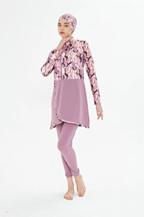 Tam Kapalı Likralı Desenli Etekli Tesettür Mayo Siyah 3481-S