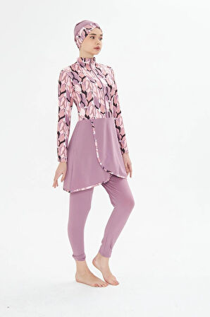 Tam Kapalı Likralı Desenli Etekli Tesettür Mayo Siyah 3481-S