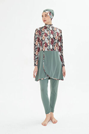 Tam Kapalı Likralı Desenli Etekli Tesettür Mayo Siyah 3481-S