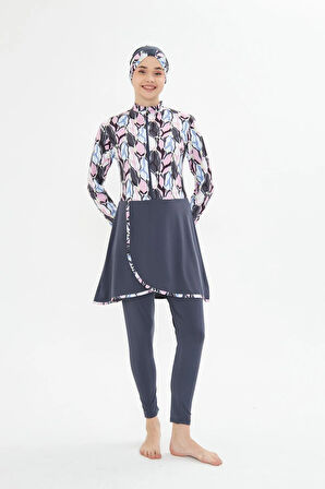 Tam Kapalı Likralı Desenli Etekli Tesettür Mayo Siyah 3481-S