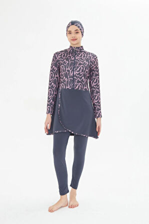 Tam Kapalı Likralı Desenli Etekli Tesettür Mayo Lacivert 3482-L