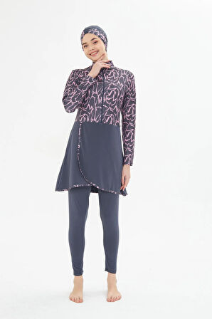 Tam Kapalı Likralı Desenli Etekli Tesettür Mayo Lacivert 3482-L