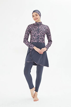 Tam Kapalı Likralı Desenli Etekli Tesettür Mayo Lacivert 3482-L