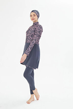 Tam Kapalı Likralı Desenli Etekli Tesettür Mayo Lacivert 3482-L