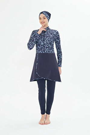 Tam Kapalı Likralı Desenli Etekli Tesettür Mayo Lacivert 3482-L