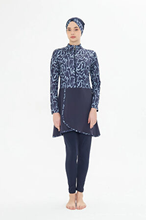 Tam Kapalı Likralı Desenli Etekli Tesettür Mayo Lacivert 3482-L