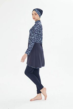 Tam Kapalı Likralı Desenli Etekli Tesettür Mayo Lacivert 3482-L
