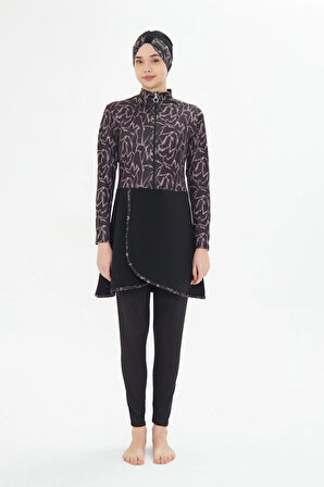 Tam Kapalı Likralı Desenli Etekli Tesettür Mayo Lacivert 3482-L