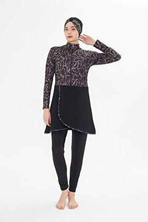 Tam Kapalı Likralı Desenli Etekli Tesettür Mayo Lacivert 3482-L