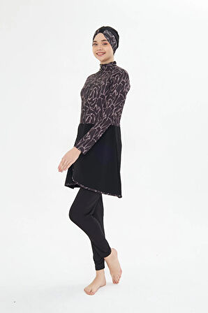Tam Kapalı Likralı Desenli Etekli Tesettür Mayo Lacivert 3482-L