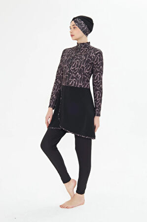 Tam Kapalı Likralı Desenli Etekli Tesettür Mayo Lacivert 3482-L