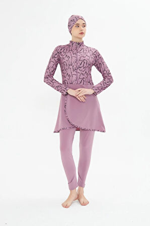 Tam Kapalı Likralı Desenli Etekli Tesettür Mayo Lacivert 3482-L