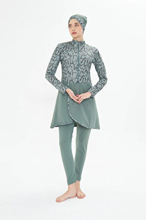 Tam Kapalı Likralı Desenli Etekli Tesettür Mayo Lacivert 3482-L