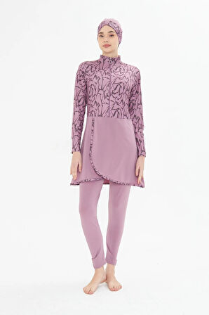 Tam Kapalı Likralı Desenli Etekli Tesettür Mayo Lacivert 3482-L