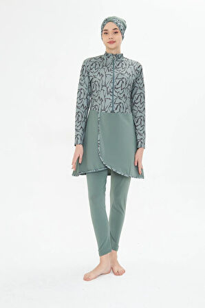 Tam Kapalı Likralı Desenli Etekli Tesettür Mayo Lacivert 3482-L