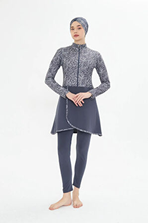 Tam Kapalı Likralı Desenli Etekli Tesettür Mayo Siyah 3483-S