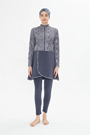 Tam Kapalı Likralı Desenli Etekli Tesettür Mayo Siyah 3483-S