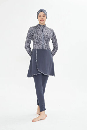 Tam Kapalı Likralı Desenli Etekli Tesettür Mayo Siyah 3483-S