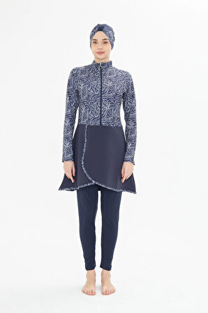 Tam Kapalı Likralı Desenli Etekli Tesettür Mayo Siyah 3483-S