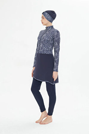 Tam Kapalı Likralı Desenli Etekli Tesettür Mayo Siyah 3483-S