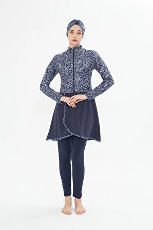 Tam Kapalı Likralı Desenli Etekli Tesettür Mayo Siyah 3483-S