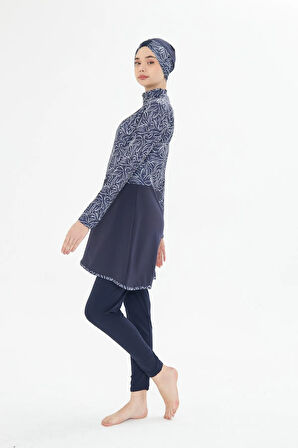 Tam Kapalı Likralı Desenli Etekli Tesettür Mayo Siyah 3483-S