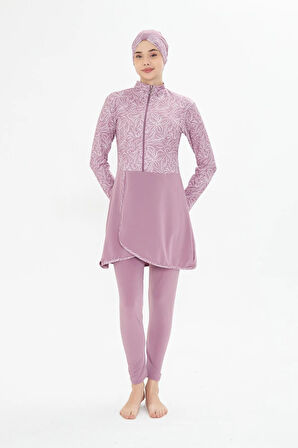 Tam Kapalı Likralı Desenli Etekli Tesettür Mayo Siyah 3483-S