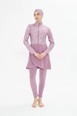 Tam Kapalı Likralı Desenli Etekli Tesettür Mayo Siyah 3483-S