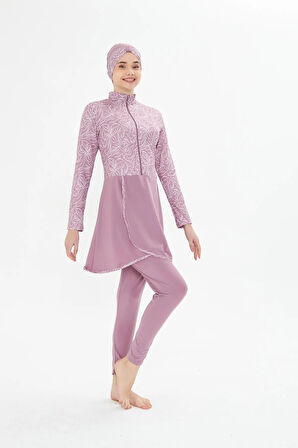 Tam Kapalı Likralı Desenli Etekli Tesettür Mayo Siyah 3483-S