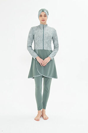 Tam Kapalı Likralı Desenli Etekli Tesettür Mayo Siyah 3483-S