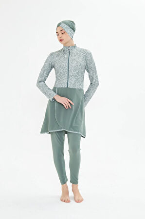 Tam Kapalı Likralı Desenli Etekli Tesettür Mayo Siyah 3483-S