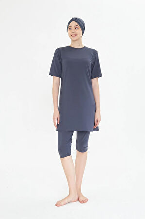 Büyük Beden Kısa Kollu Likralı Yarı Kapalı Tesettür Mayo Siyah 3484B-S