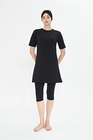 Büyük Beden Kısa Kollu Likralı Yarı Kapalı Tesettür Mayo Siyah 3484B-S