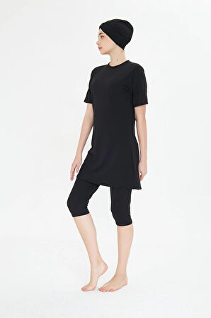 Büyük Beden Kısa Kollu Likralı Yarı Kapalı Tesettür Mayo Siyah 3484B-S