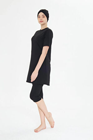 Büyük Beden Kısa Kollu Likralı Yarı Kapalı Tesettür Mayo Siyah 3484B-S