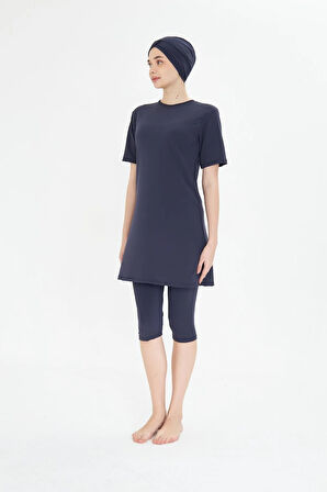 Büyük Beden Kısa Kollu Likralı Yarı Kapalı Tesettür Mayo Siyah 3484B-S