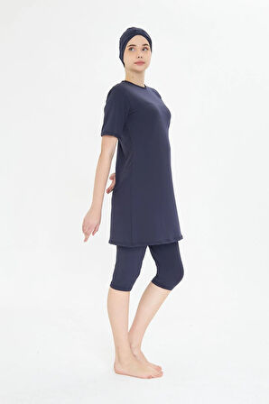 Büyük Beden Kısa Kollu Likralı Yarı Kapalı Tesettür Mayo Siyah 3484B-S