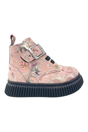 Aquarium Nakışlı Deri ve Ortopedik Bebe Bot Pudra