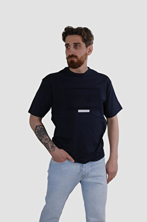 GLOBAY 3064 HSK BASKILI OVERSIZE T-SHIRT-LACİVERT