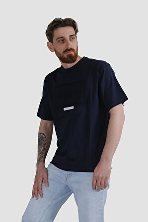 GLOBAY 3064 HSK BASKILI OVERSIZE T-SHIRT-LACİVERT