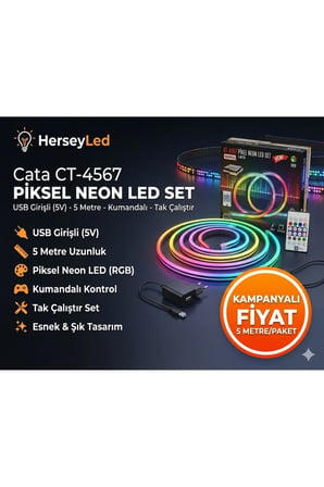 CT-4567 Pixel Neon LED Set 5 Metre RGB Kumandalı Esnek Şerit Işık İç & Dış Mekan Dekoratif Aydı