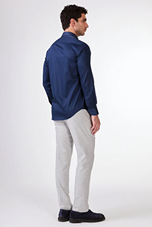 Lacivert Erkek Slim Fit Düz Düğmeli Yaka Uzun Kol Gömlek 