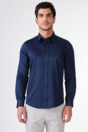 Lacivert Erkek Slim Fit Düz Düğmeli Yaka Uzun Kol Gömlek 
