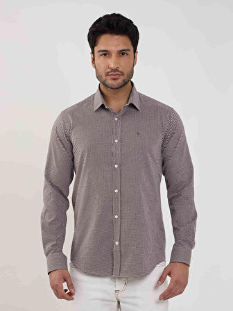 Dufy Kahverengi Erkek Slim Fit Puantiyeli Brent Yaka Uzun Kol Gömlek - 101854