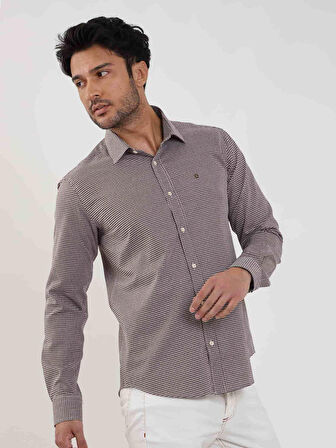 Dufy Kahverengi Erkek Slim Fit Puantiyeli Brent Yaka Uzun Kol Gömlek - 101854