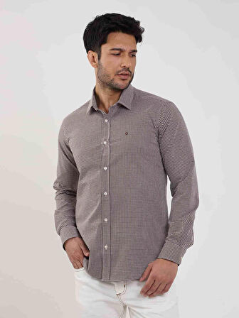 Dufy Kahverengi Erkek Slim Fit Puantiyeli Brent Yaka Uzun Kol Gömlek - 101854