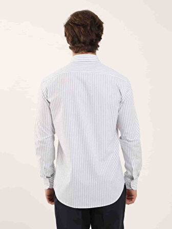 Dufy Beyaz Erkek Slim Fit Çizgili Brent Yaka Uzun Kol Gömlek - 102144