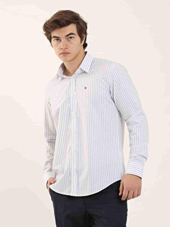 Dufy Beyaz Erkek Slim Fit Çizgili Brent Yaka Uzun Kol Gömlek - 102144