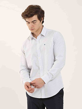 Dufy Beyaz Erkek Slim Fit Çizgili Brent Yaka Uzun Kol Gömlek - 102144