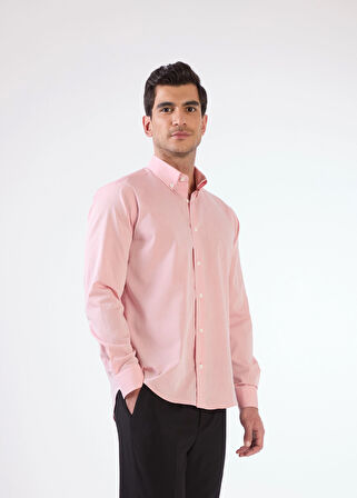 Kırmızı Erkek Regular Fit Düz Brent Düğmeli Yaka Uzun Kol Gömlek 